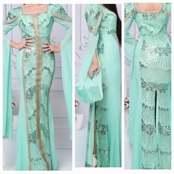 Mint Square Neck, Contrast Sequined, Split Thigh, Long Sleeved,  Mermaid Gown - Picture 3 of 16